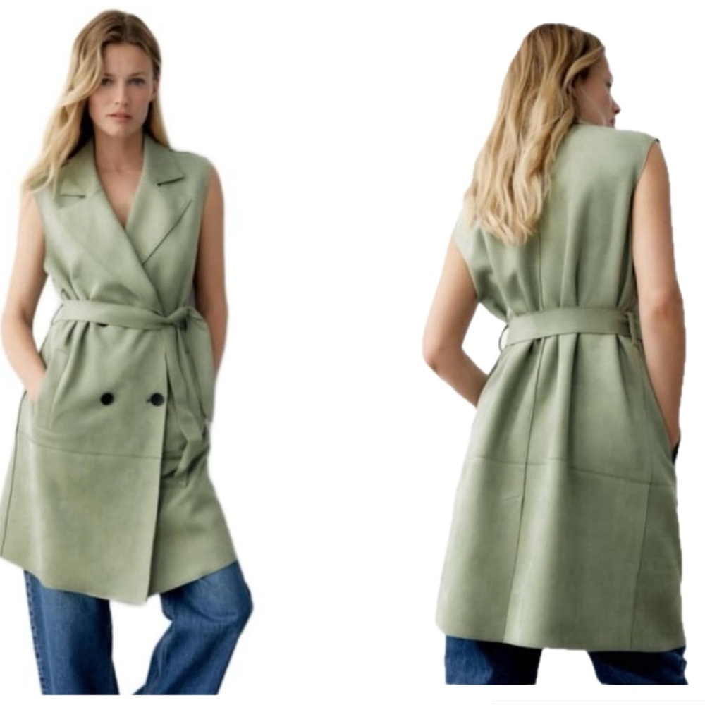 Zara belted faux suede sleeveless double breasted vest jacket dusty green XS